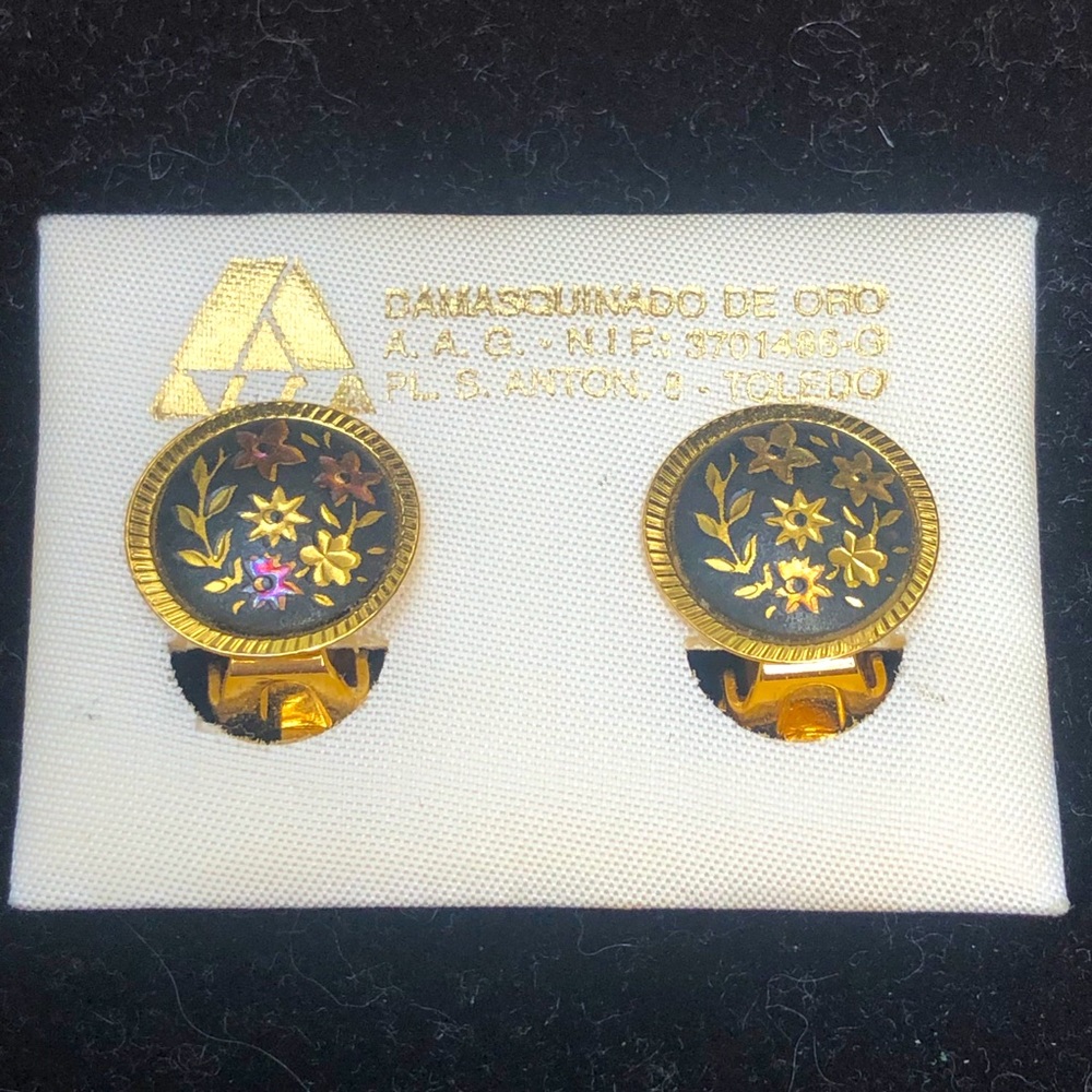 Vintage Toledo Artisan Black/Gold Damascene Clip Earrings NWOT